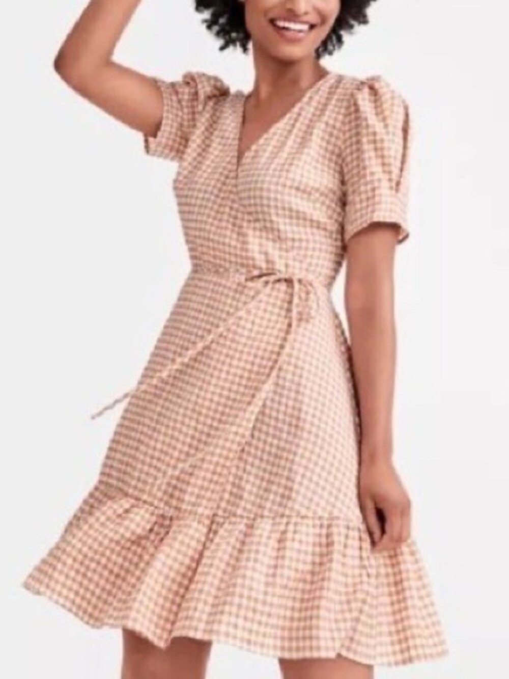 LOFT Puff Sleeve Gingham Dress